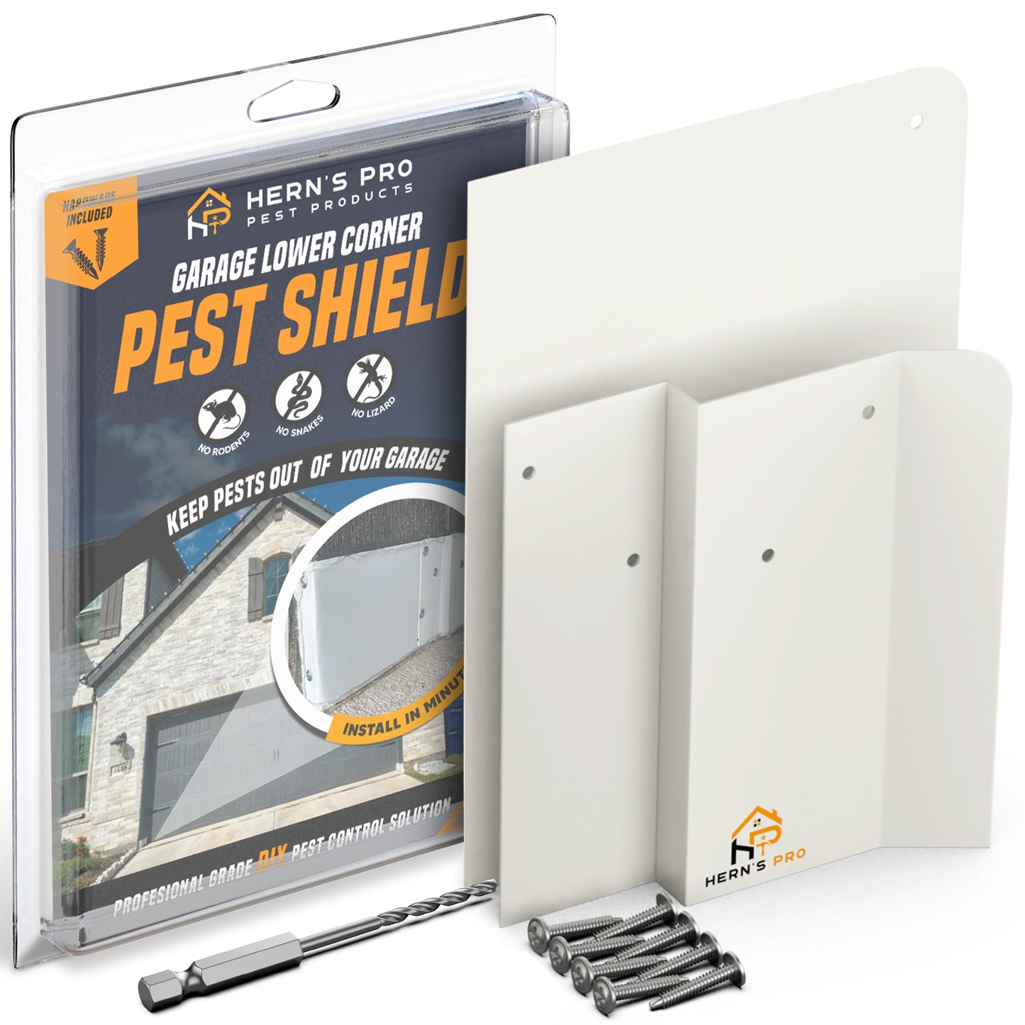 Garage lower corner pest shield package with the parts at the side