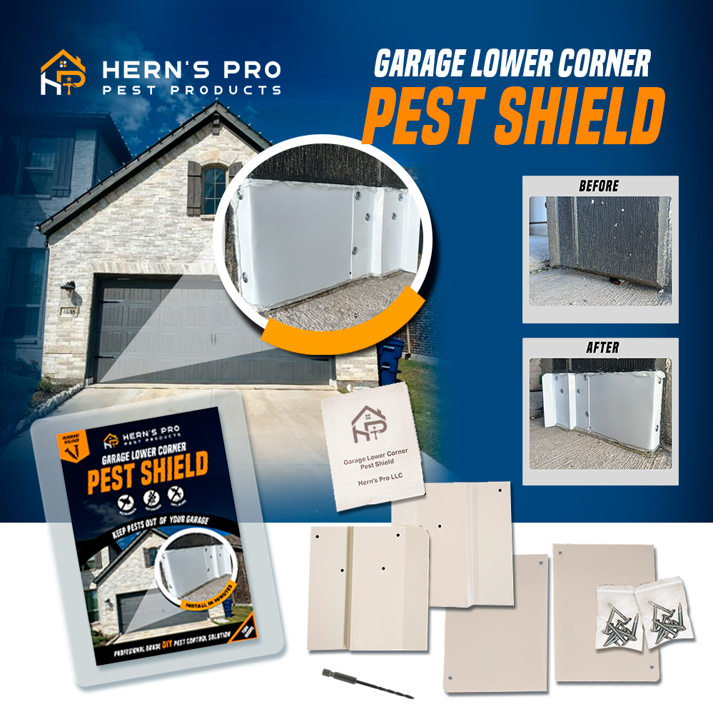 promo collage of the garage lower corner pest shield with before and after and whats in the box
