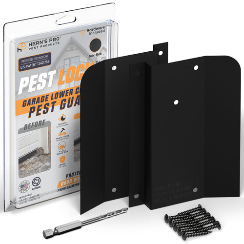 Pest Lock Garage Door Lower Corner Pest Guard by Herns Pro – 2-Piece Aluminum Rodent Chew Protection for Vinyl and Rubber Weather Seals – Screws and Drill Bit Included – Black