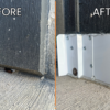 close up pictures of the lower corner of a garage before and after the pest shield