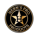 black badge with a golden star with an "H" on it and golden circles around with our company name Hern's Pro Products