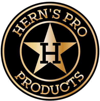 black badge with a golden star with an "H" on it and golden circles around with our company name Hern's Pro Products